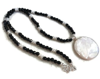 Black Necklace - Onyx and Pearl Gemstone Jewelry - White Pendant - Sterling Silver Jewellery - Beaded