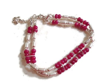 Ruby Bracelet - Sterling Silver Jewelry - July Birthstone - Gemstone Jewellery - Beaded - Red - Flower Charm