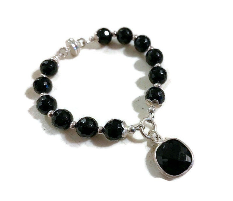 Black Bracelet - Onyx Gemstone Jewelry - Sterling Silver Jewellery - Charm - Luxe - Fashion - Beaded - Handmade - Gift - Magnetic Clasp