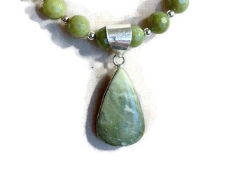 Green Necklace - Jade Gemstone Jewelry - Larsonite Pendant - Sterling Silver Jewellery - Beaded - Chunky - Handmade - Gift - Carmal