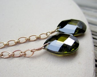 Green Earrings - CZ Jewellery - Chain Earrings - Yellow Gold Jewelry -Cubic Zirconia - Briolette - Chain - Teardrop ER-32