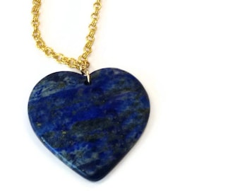 Navy Blue Necklace - Lapis Heart Pendant - Yellow Gold Jewelry - Lapis Lazuli Gemstone Jewellery - Long Chain - Denim - Valentine N-TBM