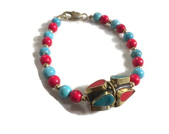 Turquoise Bracelet - Red Gemstone Jewelry - Brass Jewellery - Beaded - Chunky - Fashion