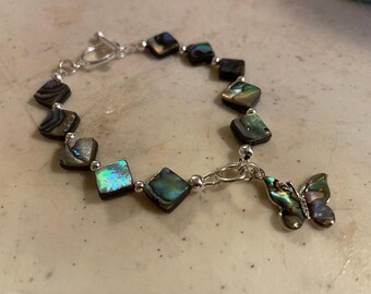 Abalone Gemstone Bracelet - Iridescent Jewelry - Sterling Silver Jewellery - Gray - Beaded - Butterfly Charm