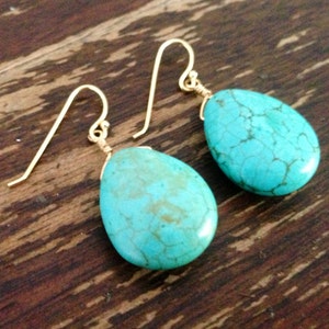 Turquoise Drop Earrings Gemstone Jewellery Blue Jewelry Handmade Dangle Gold or Silver Pierced Gift Carmal Free Shipping image 4