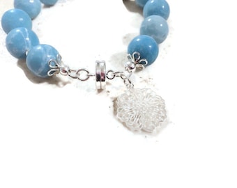 Blue Bracelet - Larimar Quartz Gemstone - Sterling Silver Jewelry - Chunky Jewellery - Filigree Charm - Beaded - Pastel