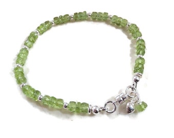 Green Bracelet - Peridot Gemstone Jewelry - August Birthstone - Beaded Jewelery - Sterling Silver - Fashion