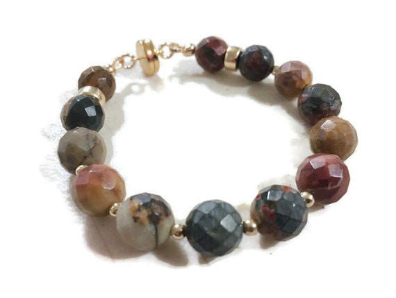 Brown Bracelet - Gold Jewelry - Picasso Jasper Gemstone Jewellery - Beaded - Magnetic Clasp