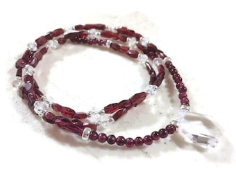 Garnet Necklace - Red Jewellery - January Birthstone - Clear Crystal Quartz Gemstone Jewelry - Pendant - Sterling Silver - Beaded