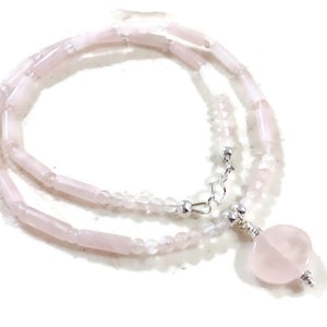 Pink Necklace - Rose Quartz Jewellery - Sterling Silver Jewelry - Gemstone Pendant - Beaded
