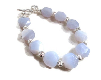 Blue Bracelet - Lace Agate Gemstone Jewelry - Sterling Silver Jewellery - Beaded - Chic - Butterfly Charm