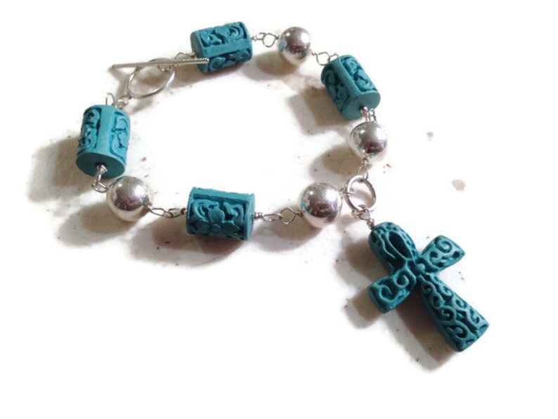 Turquoise Bracelet Cross Sterling Silver Jewelry Cinnibar Jewellery Fashion Mod Funky image 2