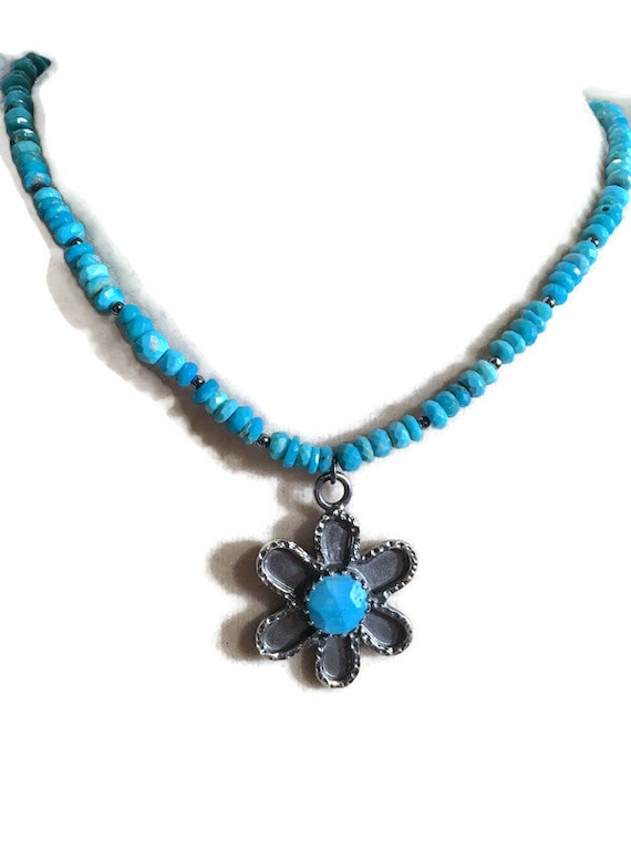 Sleeping Beauty Turquoise Chip and Oxidized Bead Necklace Sterling Silver - Handmade in the USA Sleeping Beauty Turquoise Chip and Oxidized Bead Necklace Sterling Silver - Handmade in the USA