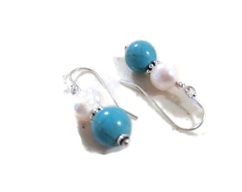 Turquoise Earrings - Pearl Gemstone Jewelry - Sterling Silver 925 Jewellery - Dangle - Pierced - White