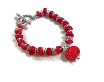 Red Bracelet - Coral Gemstone - Silver Jewelry - Chunky Jewellery - Turtle Charm - Beaded