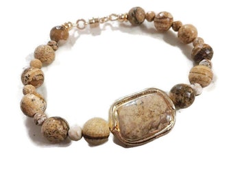 Brown Bracelet - Picture Jasper Jewelry - Gemstone Jewellery - Gold - Earth Tones - Natural