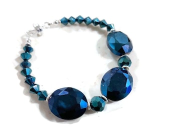 Blue Bracelet - Sterling Silver Jewelry - Crystal Jewellery - Beaded - Handmade -Women's Gift - Jewelry by Carmal - Magnetic Clasp