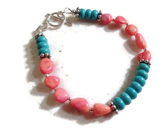 Coral & Turquoise Bracelet - Sterling Silver Jewelry - Gemstone Jewellery - Fashion - Mod - Beaded