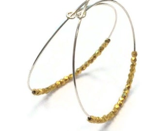 Sterling Silver Hoops with 24K Gold Vermeil Faceted Nuggets Hoop Earrings Silver and Gold Mixed Metal Jewelry