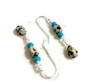 Dalmatian Jasper Earrings - Turquoise Howlite Gemstone Jewellery - Sterling Silver Jewelry - Dangle - Fashion