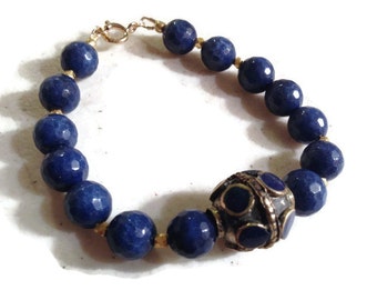 Blue Bracelet - Gold Jewelry - Lapis Gemstone Jewellery - Brass - Fashion - Beaded