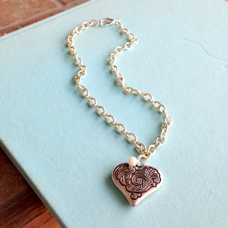 Silver Heart Necklace Valentine Jewelry Chain Jewellery Pearl Etsy