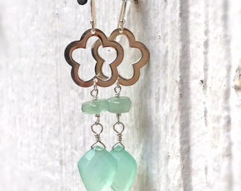 Aqua Earrings - Chalcedony Gemstone Jewellery - Sterling Silver Jewelry - Dangle - Trendy - Luxe - Pierced - Handmade - Gift - Carmal