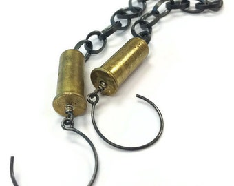 Bullet Earrings - Shell Casings - Brass and Oxidized Sterling Silver Jewelry - Chain - Hipster Dangle - Mixed Metallic ER-TBM