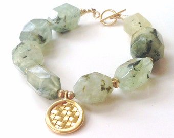 Bracelet Prehnite - Bracelet Vert - Bijoux Or - Vermeil - Gemstone Jewelry - Chunky - Mode