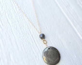 Pyrite Necklace - Gold Jewelry - Fools Gold - Gemstone Jewellery - Long - Pendant - Mixed Metal