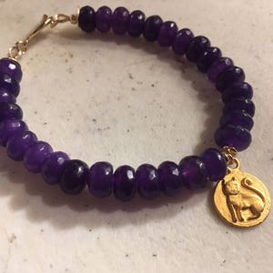 Purple Bracelet Agate Gemstone Jewellery Cat Charm Gold - Etsy
