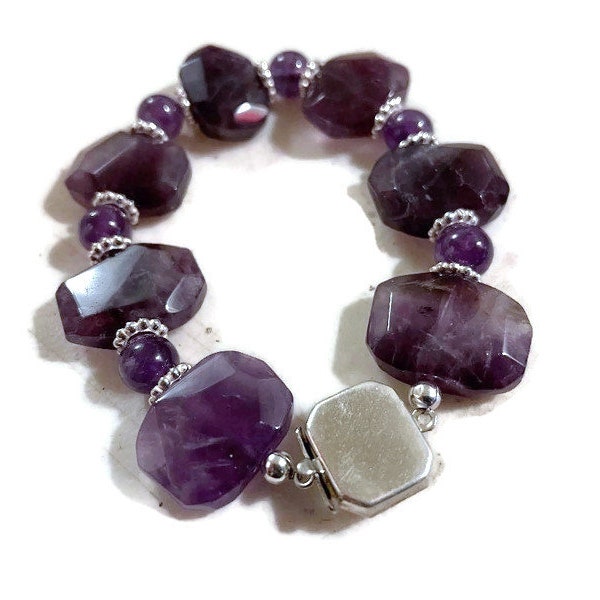 Amethyst Bracelet - Purple Gemstone Jewellery - February Birthstone - Sterling Silver Jewelry - Beaded - Fashion - Box Clasp