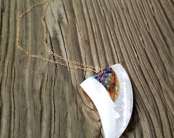 Horn Necklace - Abalone & Mother of Pearl Pendant - Gold Chain Jewelry - White Jewellery - Long