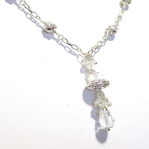 Crystal Necklace - Silver Jewelry - Wedding Jewellery - Long Chain - Ice Sparkle - Couture - Mother of the Bride - Pendant N-15