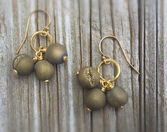 Druzy Earrings - Brown Jewelry - Gemstone Jewellery - Gold - Mod - Fashion