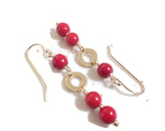 Red Earrings - Howlite Gemstone Jewellery - Gold Jewelry - Beaded - Dangle