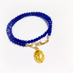 Cobalt Blue Bracelet Jade Gemstone Jewelry Wrap Jewellery Gold Anchor Charm Nautical Modern image 2