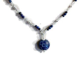 Lapis Necklace - Navy Blue Gemstone Jewellery - Sterling Silver Jewelry - Flower Carved Pendant - Beaded - Fashion - Jewelrybycarmal - Gift