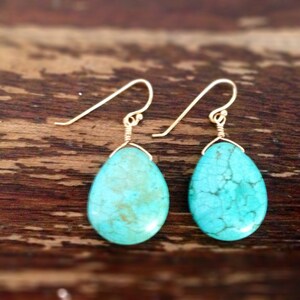 Turquoise Drop Earrings Gemstone Jewellery Blue Jewelry Handmade Dangle Gold or Silver Pierced Gift Carmal Free Shipping image 2