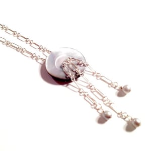 Gray Necklace - Button Pendant Jewelry - Sterling Silver Jewellery - Mother of Pearl - Gemstone N-161