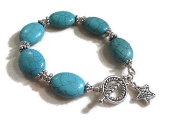 Turquoise Bracelet - Silver Jewelry - Gemstone Jewellery - Beaded - Fashion - Star charm - Blue - Handmade - Gift - Carmal - Southwestern