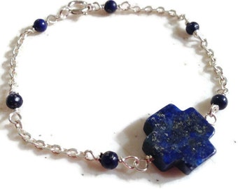 Bracelet Lapis - Bijoux Bleu Marine - Croix Celtique - Sterling Silver Jewellery - Lapis Lazuli Gemstone - Chaîne