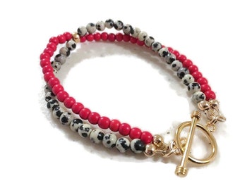 Dalmatian Jasper Bracelet - Red Howlite Gemstone Jewelry - Gold Jewellery - Double Strand