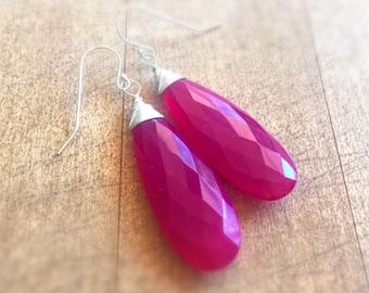 Pink Earrings - Sterling Silver Jewelry - Chalcedony Gemstone Jewellery - Magenta - Hot Pink - Trendy