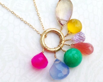 Gemstone Necklace - Cluster - Gold Jewelry - Fine Jewellery - Multi color