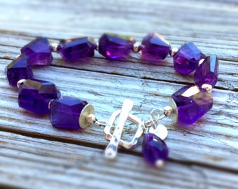 Amethyst Bracelet - Purple Nugget Gemstone Jewellery - February Birthstone - Sterling Silver Jewelry - Beaded - Fashion - Chunky