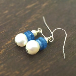 Blue Earrings - Kyanite and Pearl Jewelry - Gemstone Jewellery - Sterling Silver - Fashion