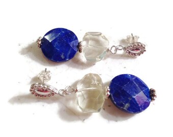 Lapis Lazuli Earrings - Navy Blue Jewelry - Sterling Silver Jewellery - Dangle - Mod - Fashion - Lemon Quartz Gemstone