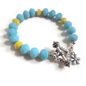 Blue and Yellow Bracelet - Silver Jewelry - Crystal Jewellery - Flower Charm - Fashion