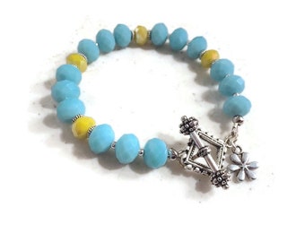 Blue and Yellow Bracelet - Silver Jewelry - Crystal Jewellery - Flower Charm - Fashion